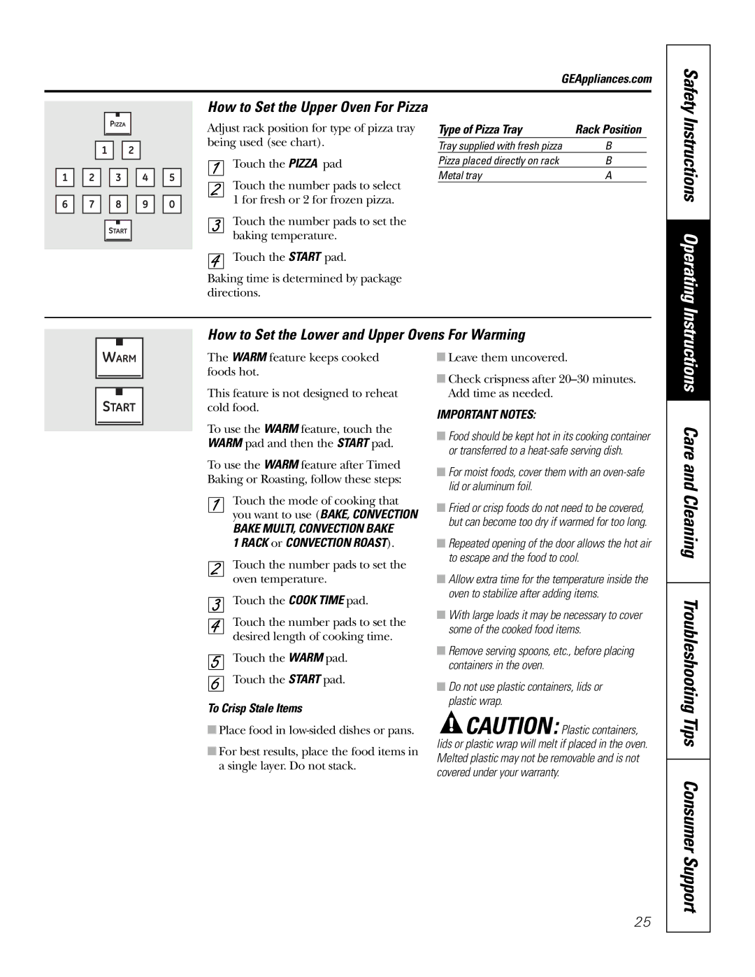 GE PB976 manual Care and Cleaning Troubleshooting Tips Consumer Support, Instructions Operating, Type of Pizza Tray 