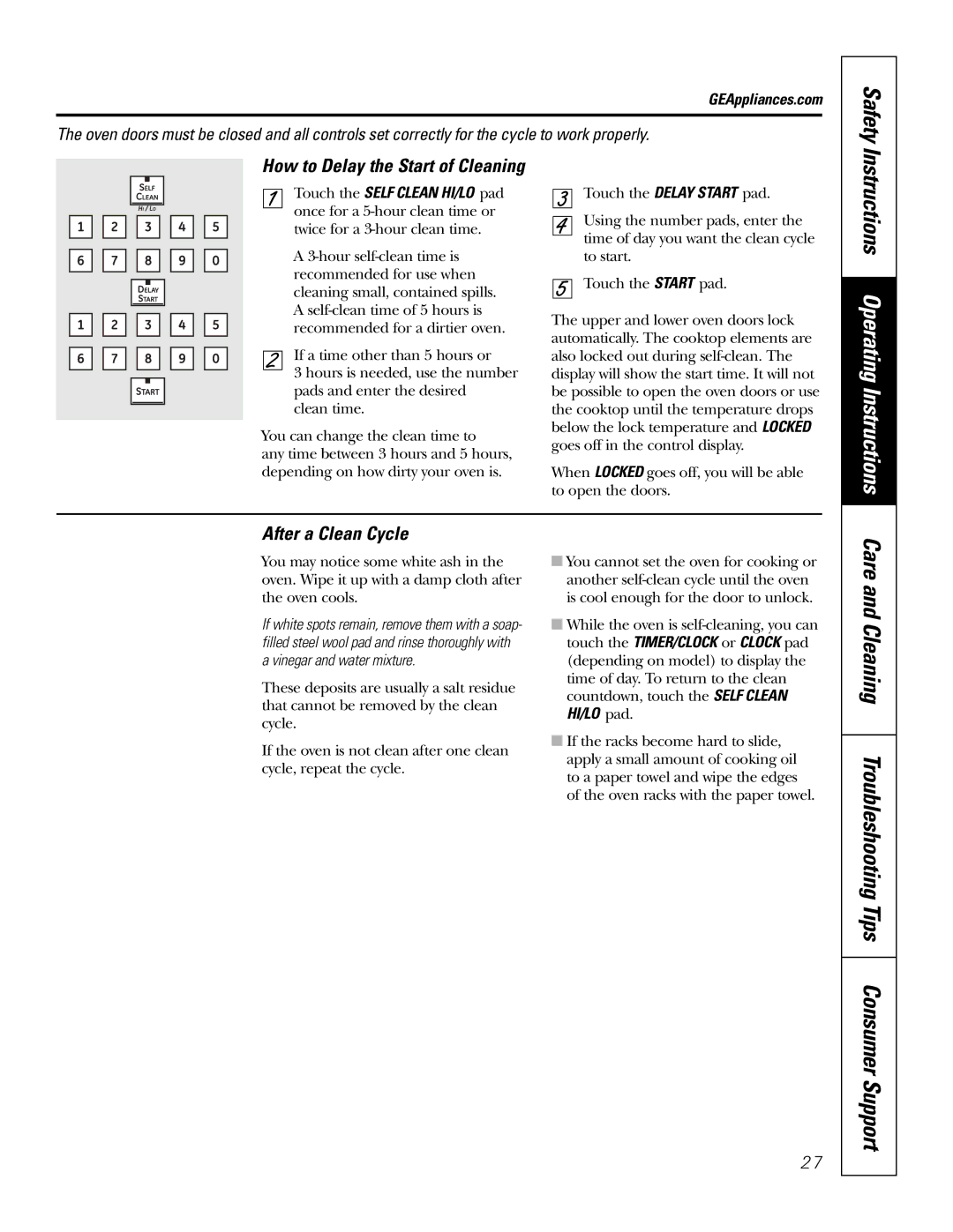 GE PB976 manual After a Clean Cycle, How to Delay the Start of Cleaning 