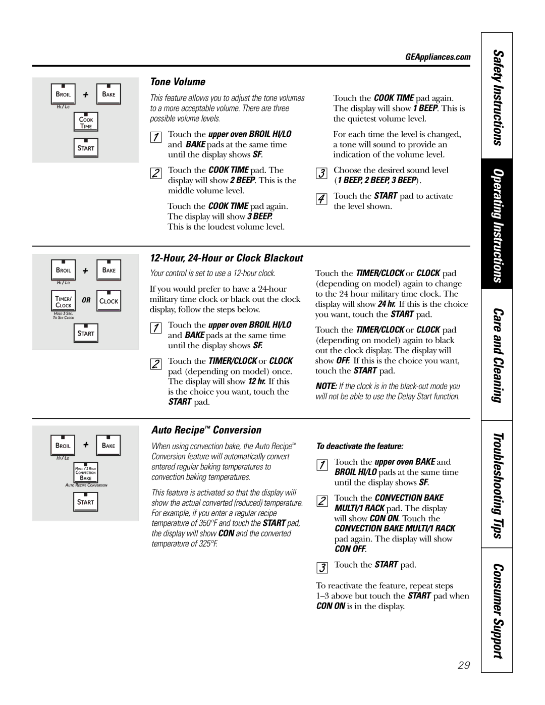 GE PB976 manual Tone Volume, Auto Recipe Conversion, Your control is set to use a 12-hour clock, To deactivate the feature 