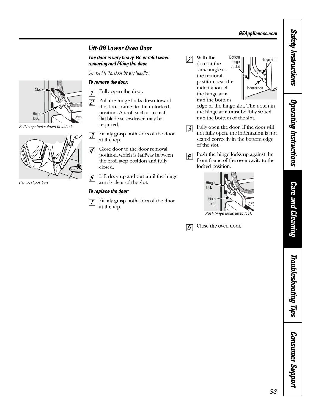 GE PB976 manual Lift-Off Lower Oven Door, Do not lift the door by the handle 