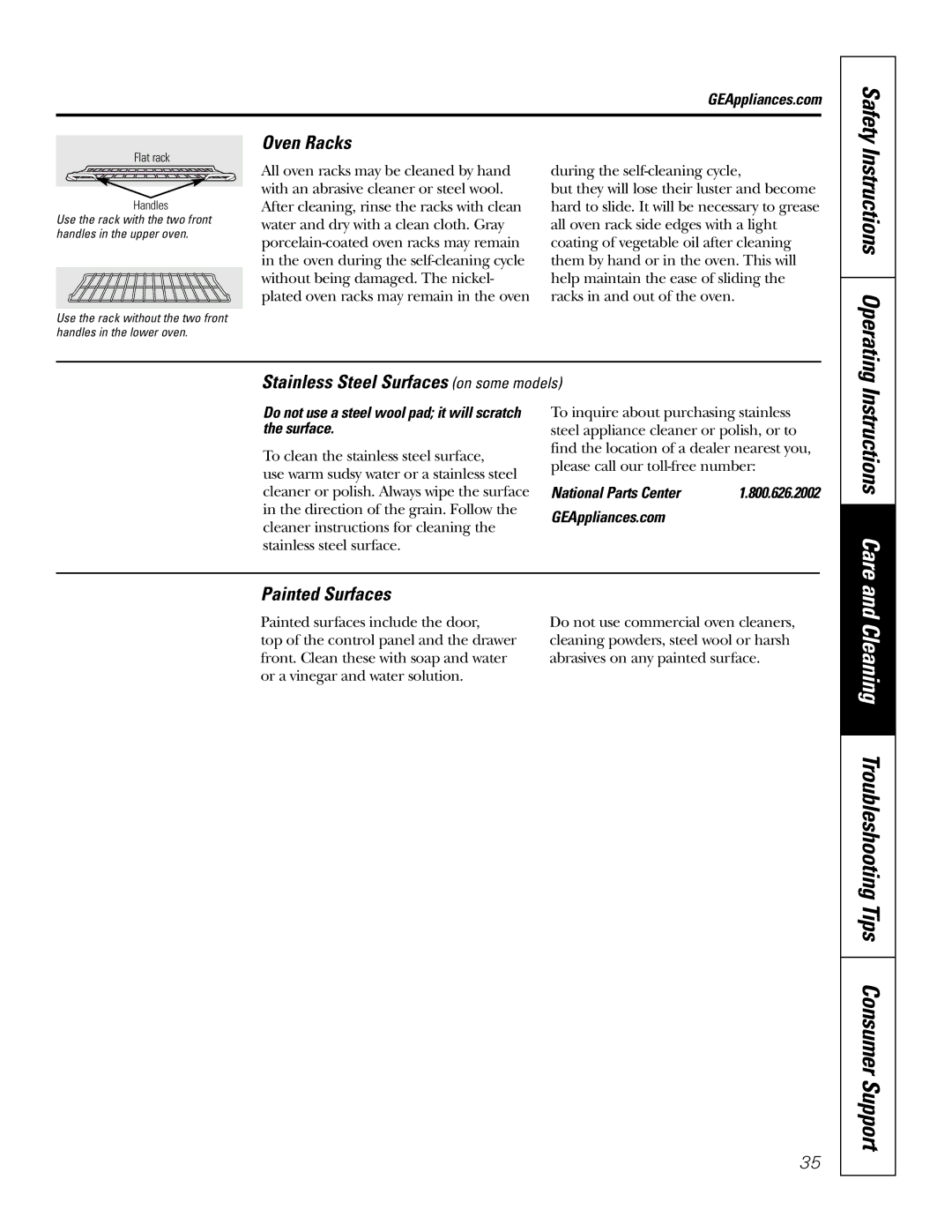 GE PB976 manual Oven Racks, Stainless Steel Surfaces on some models, Painted Surfaces 