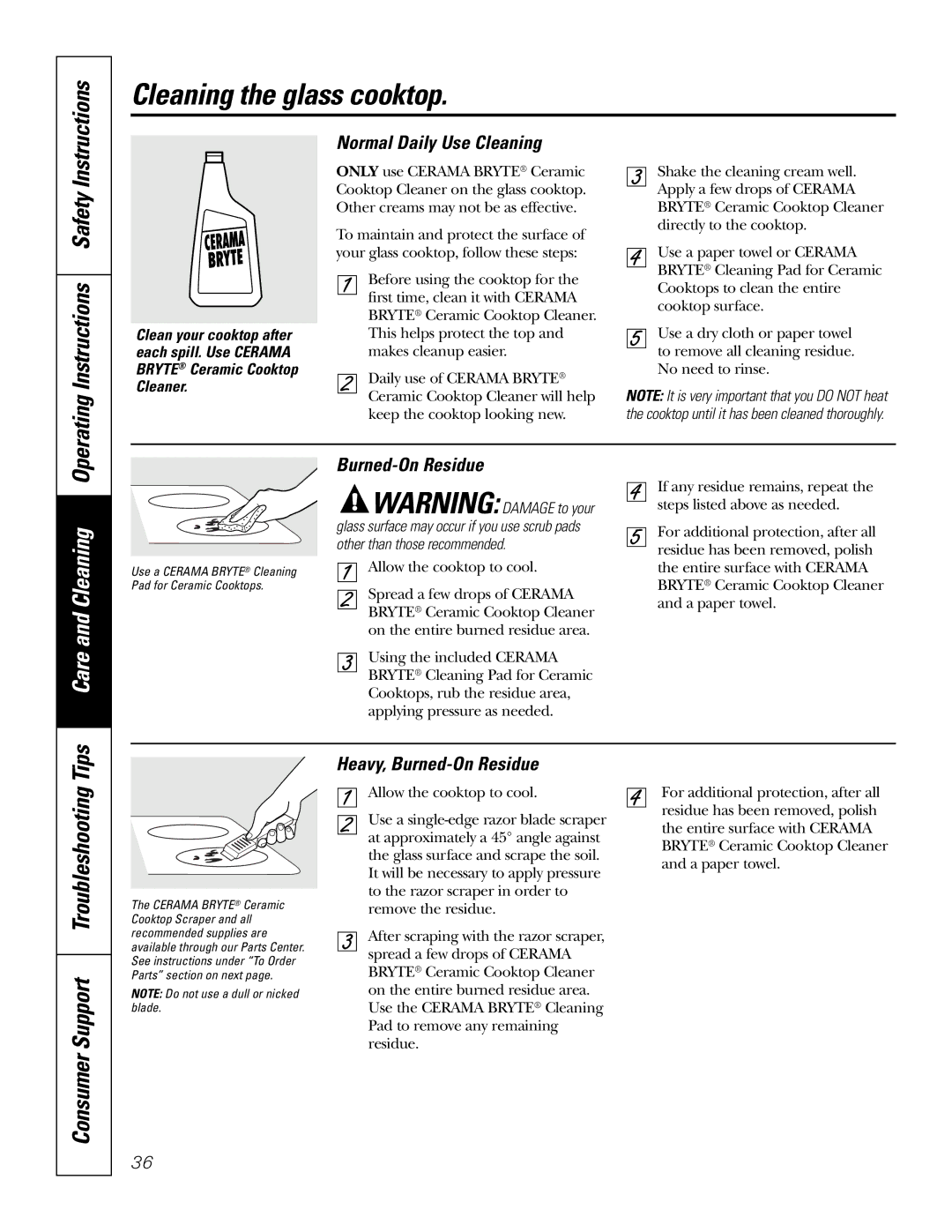 GE PB976 manual Cleaning the glass cooktop, Care and Cleaning, Normal Daily Use Cleaning, Burned-On Residue 