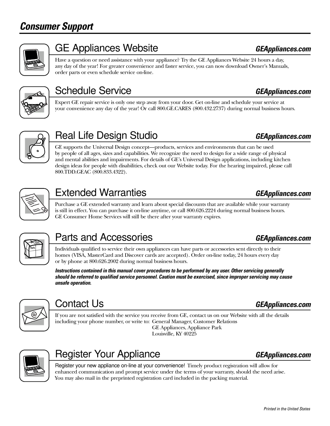 GE PB976 manual Consumer Support GE Appliances Website, Schedule Service, Real Life Design Studio, Extended Warranties 