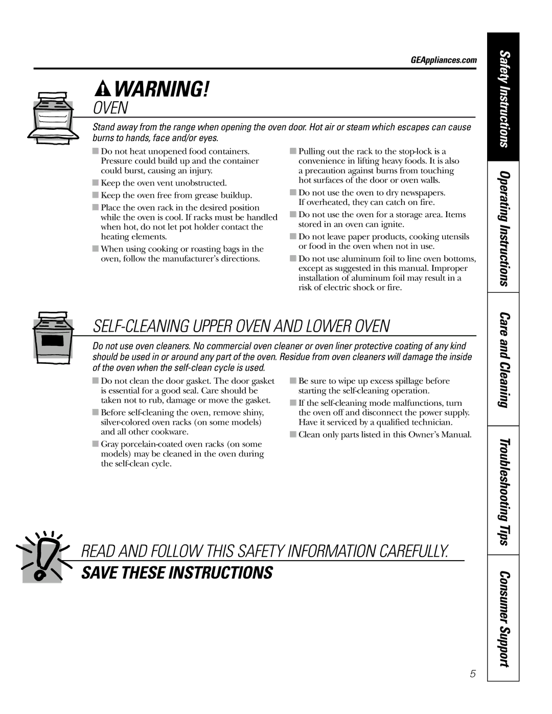 GE PB976 manual Operating Instructions, Care 