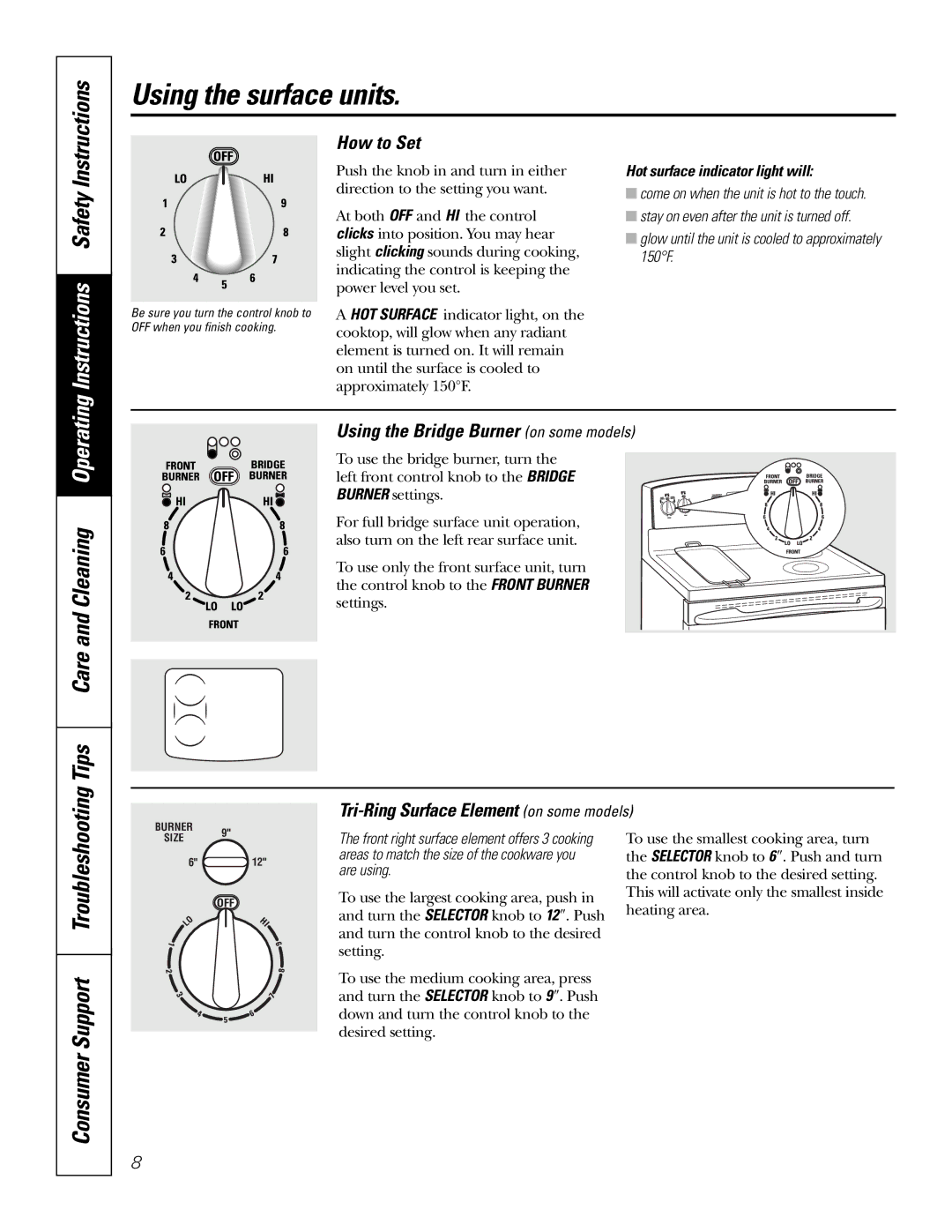 GE PB976 manual Using the surface units, Instructions Safety, Tips Care and Cleaning Operating 