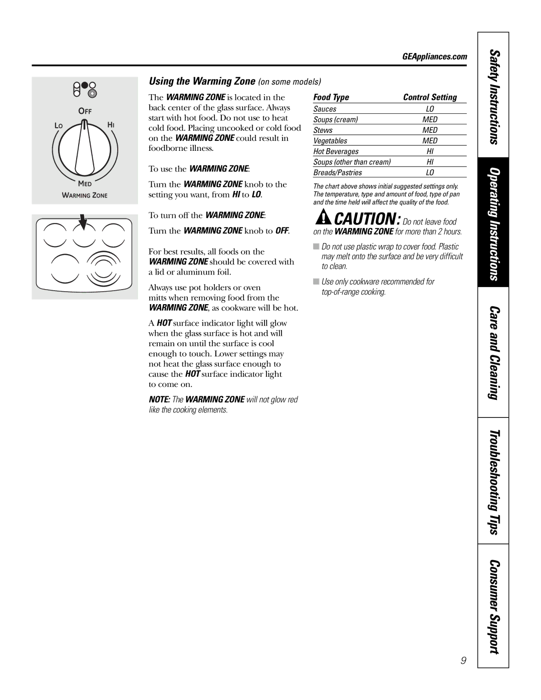 GE PB976 manual Using the Warming Zone on some models, Food Type 