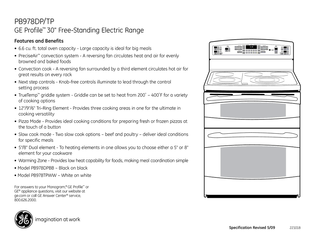 GE PB978TPWW, PB978DP/TP, PB978DPBB dimensions Features and Benefits 