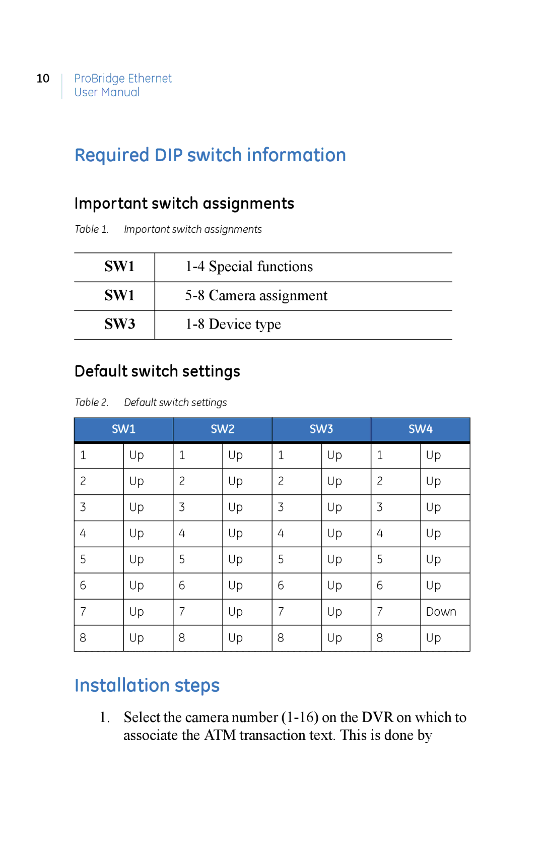 GE PBe manual Required DIP switch information, Installation steps, Important switch assignments, Default switch settings 