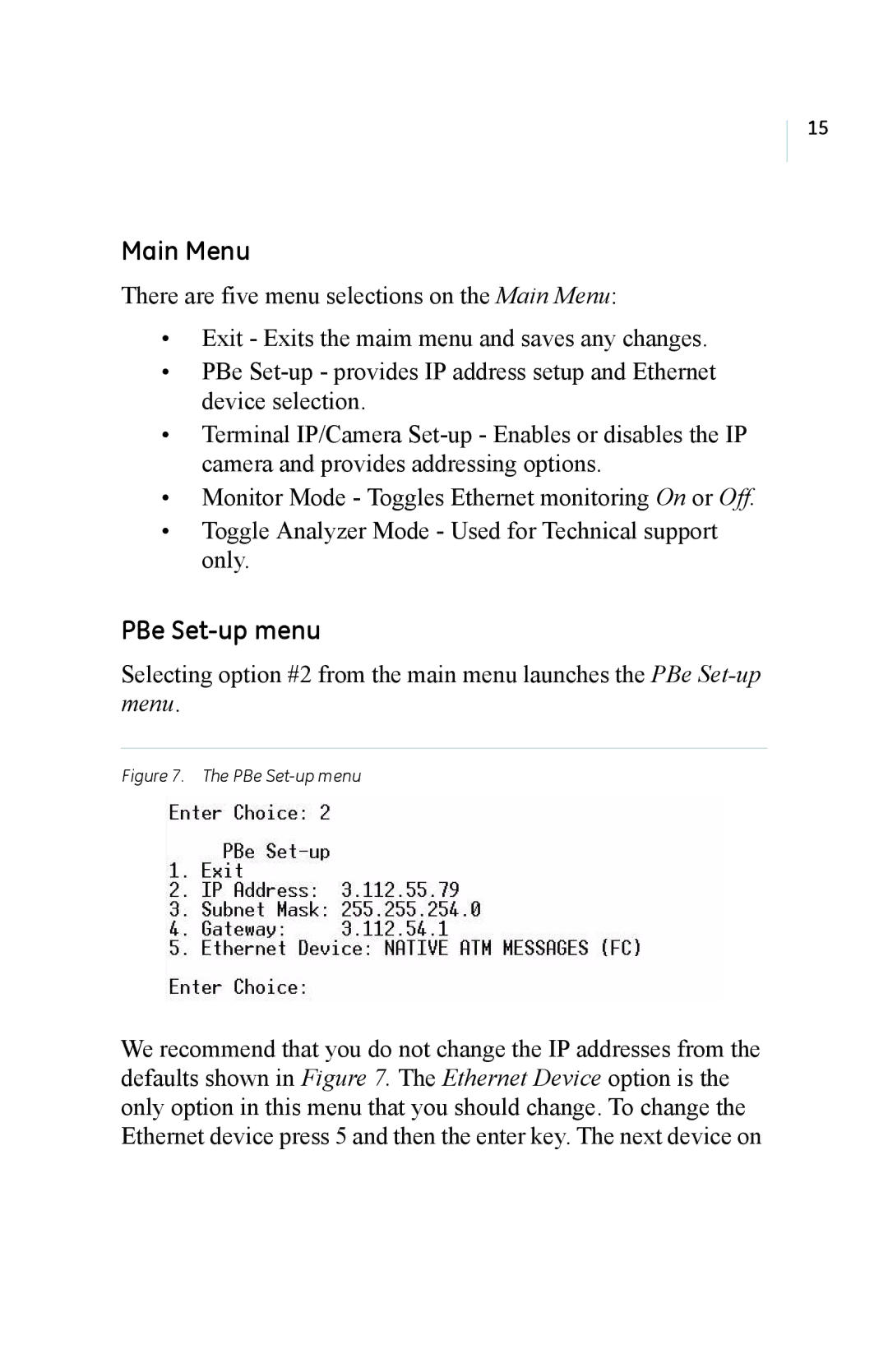 GE manual Main Menu, PBe Set-up menu 