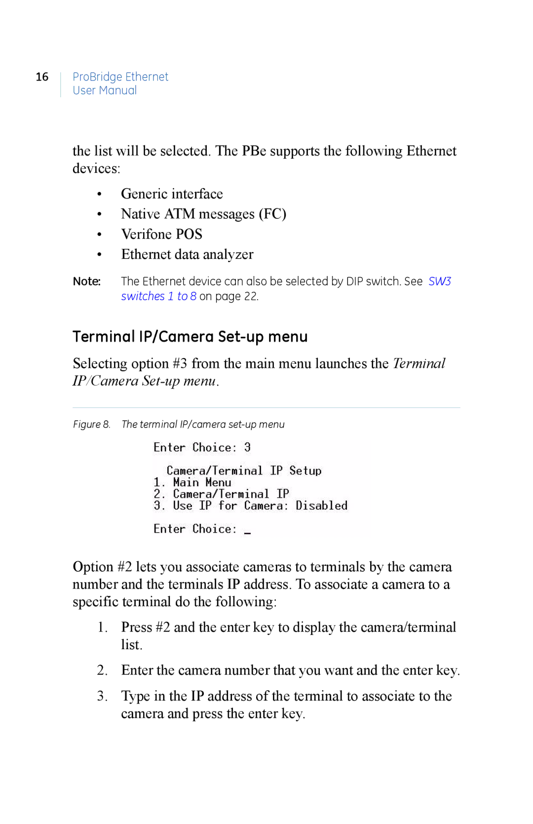 GE PBe manual Terminal IP/Camera Set-up menu, Terminal IP/camera set-up menu 