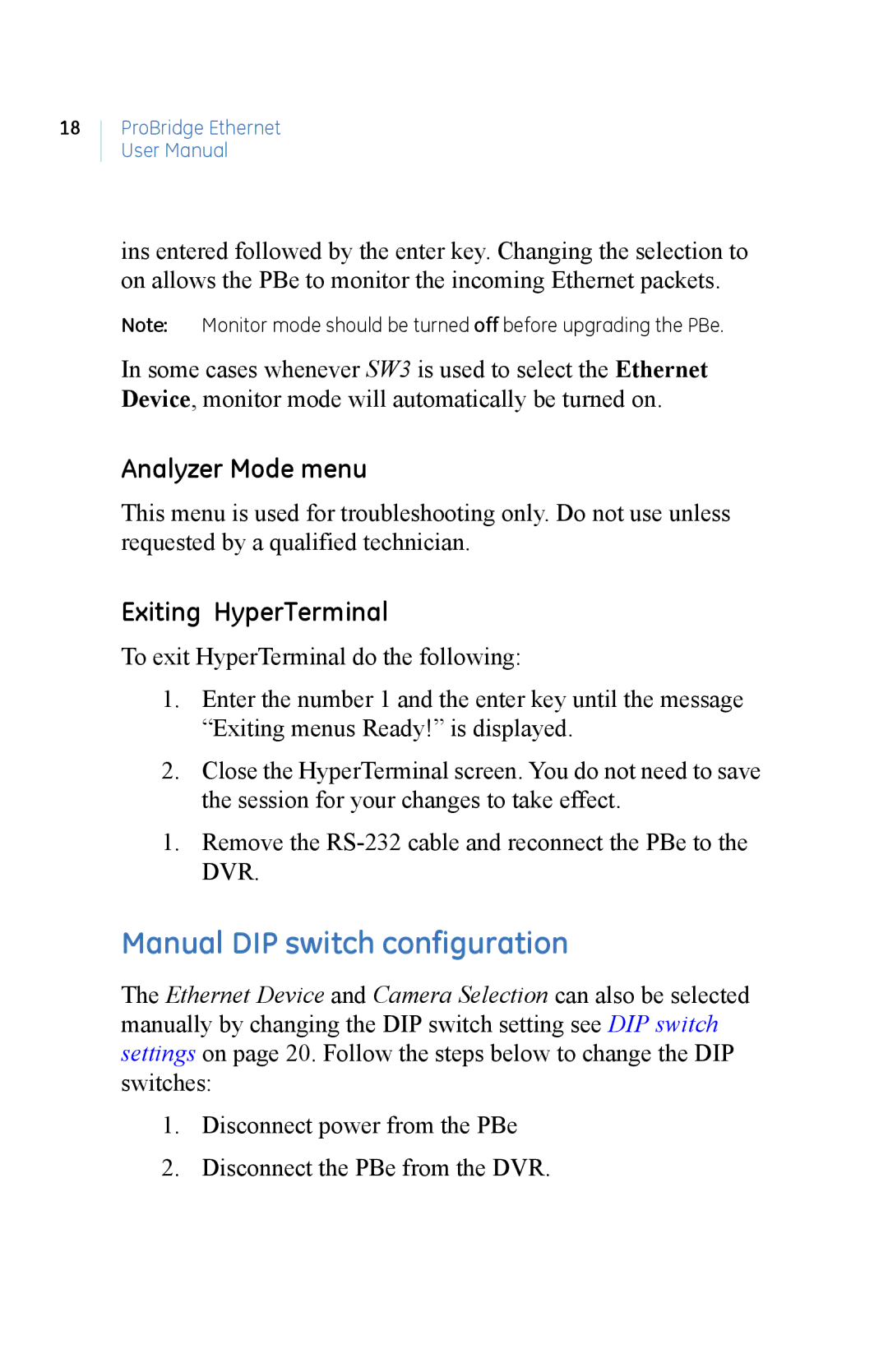 GE PBe manual Manual DIP switch configuration, Analyzer Mode menu, Exiting HyperTerminal 