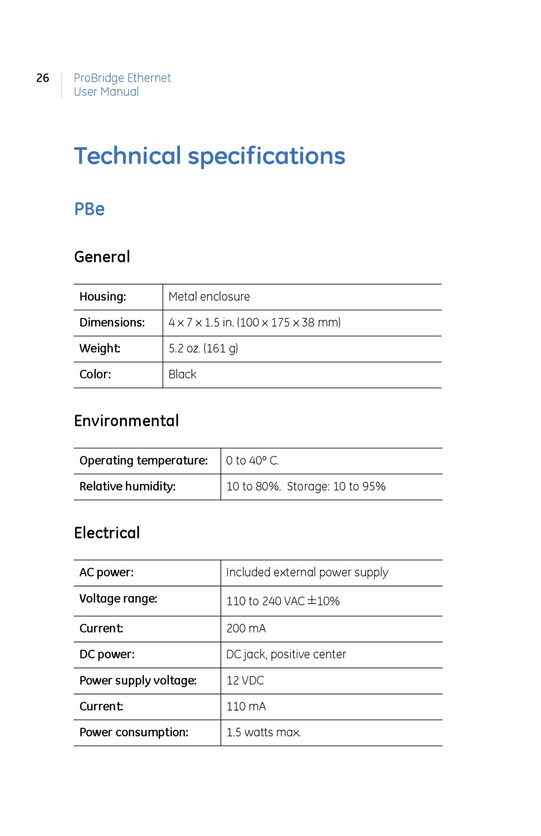 GE PBe manual Technical specifications, General, Environmental, Electrical 