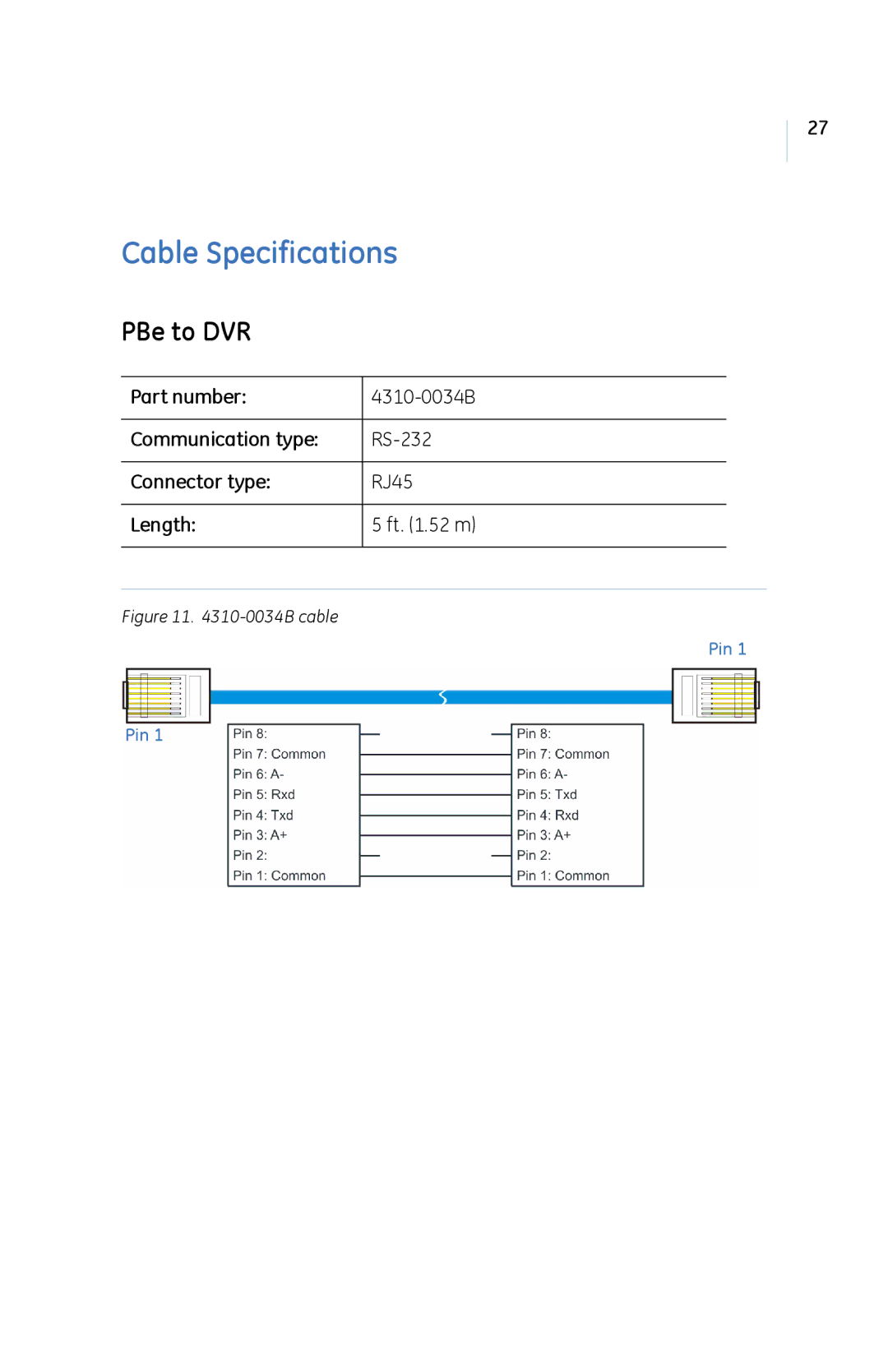 GE manual Cable Specifications, PBe to DVR 