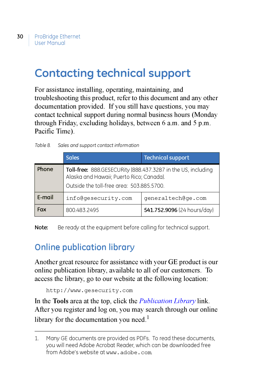 GE PBe manual Contacting technical support, Online publication library 