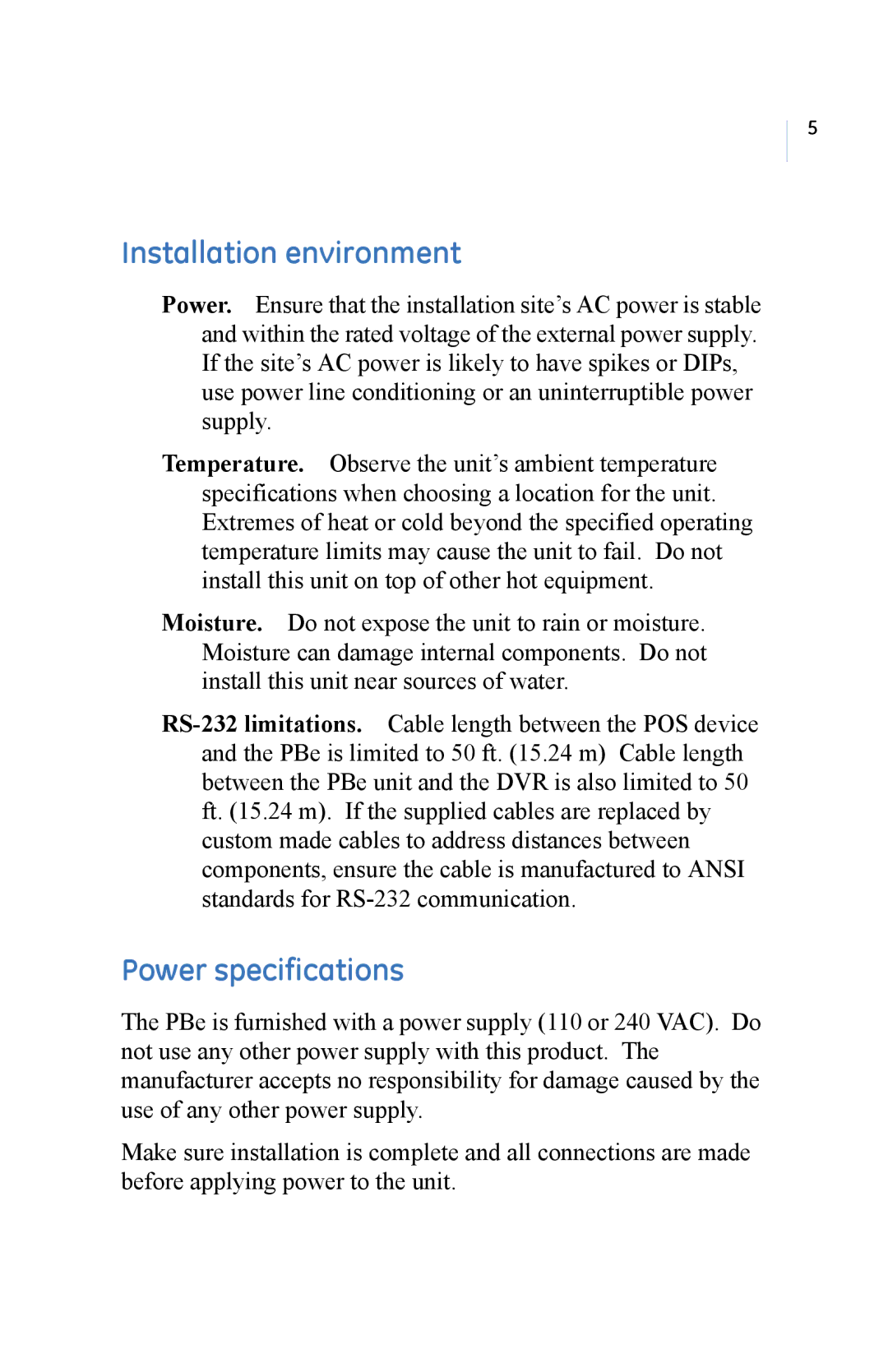 GE PBe manual Installation environment, Power specifications 