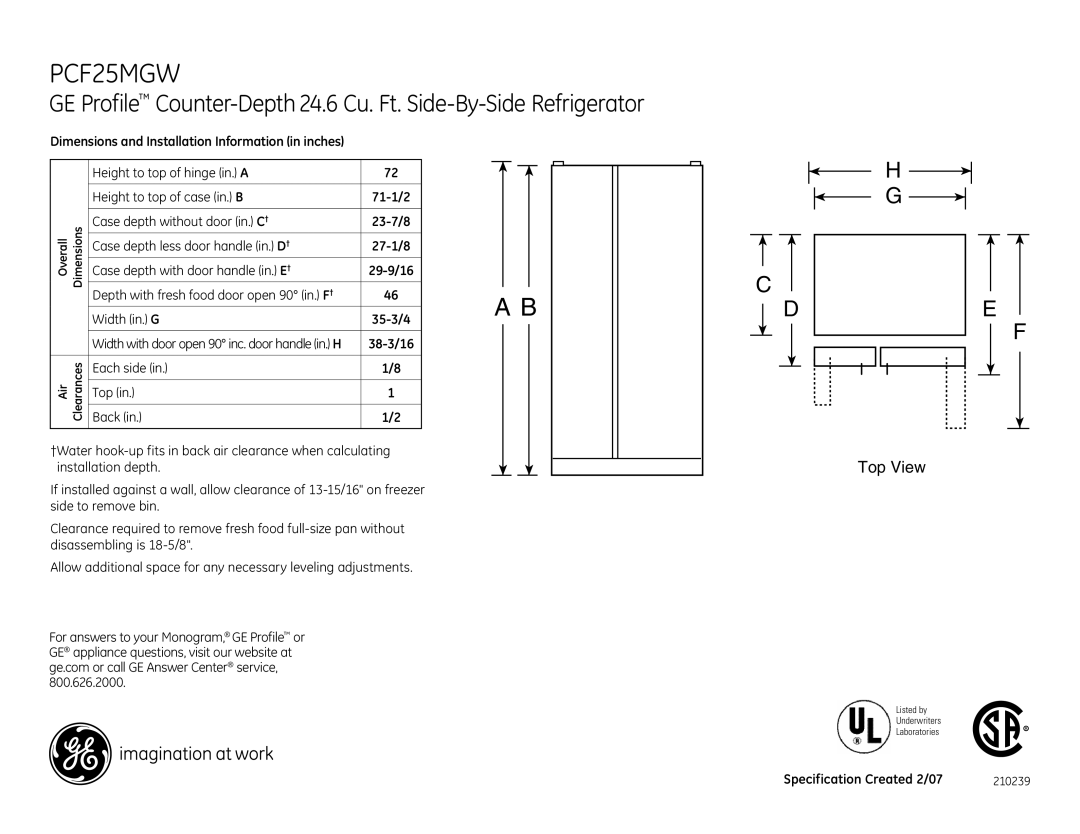 GE dimensions PCF25MGW, 38-3/16, Each side Back Top, Specification Created 2/07 