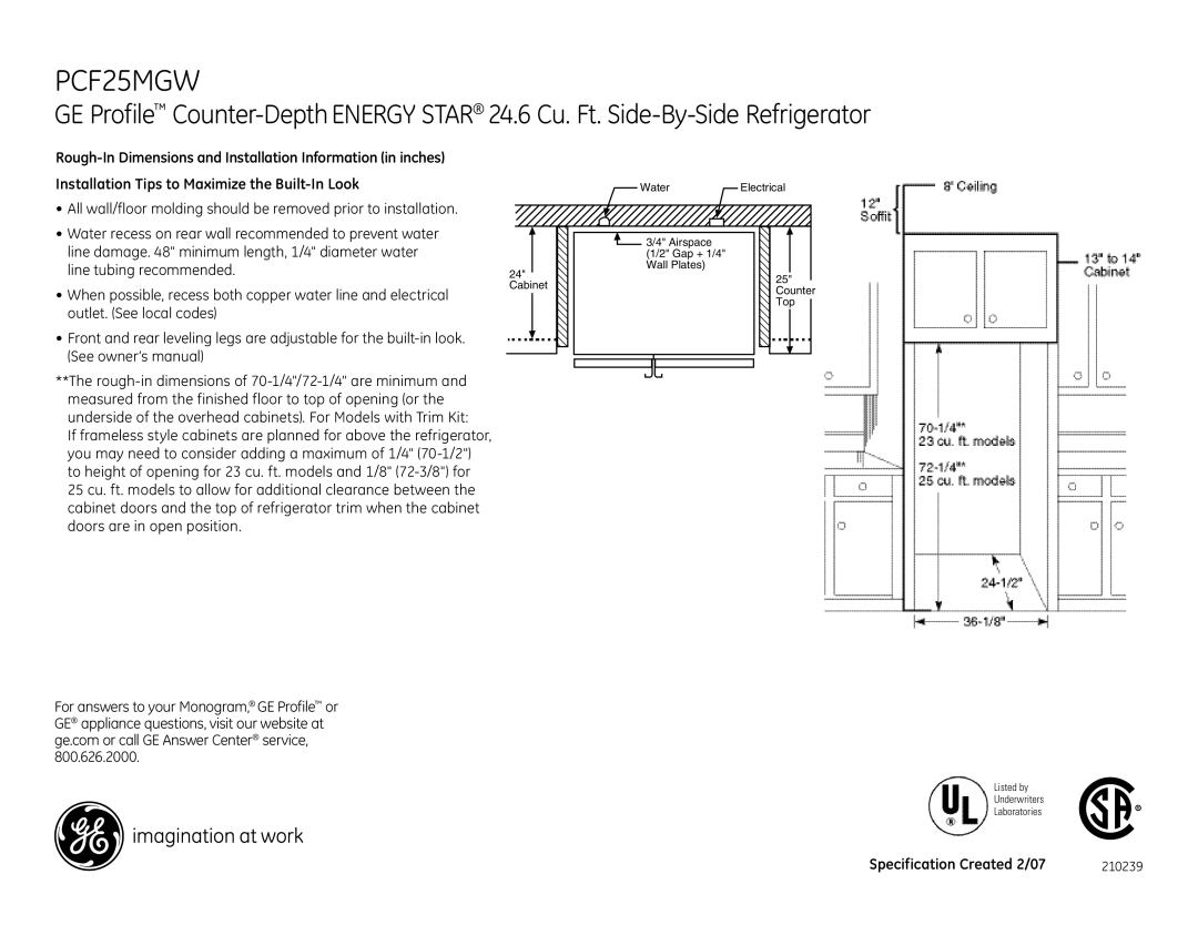 GE PCF25MGW dimensions 210239 