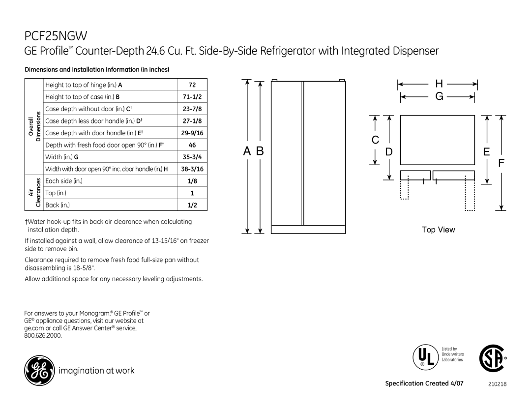 GE dimensions PCF25NGW, 38-3/16, Each side Top Back, Specification Created 4/07 