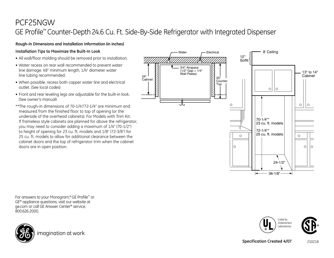 GE PCF25NGW dimensions Soffit 