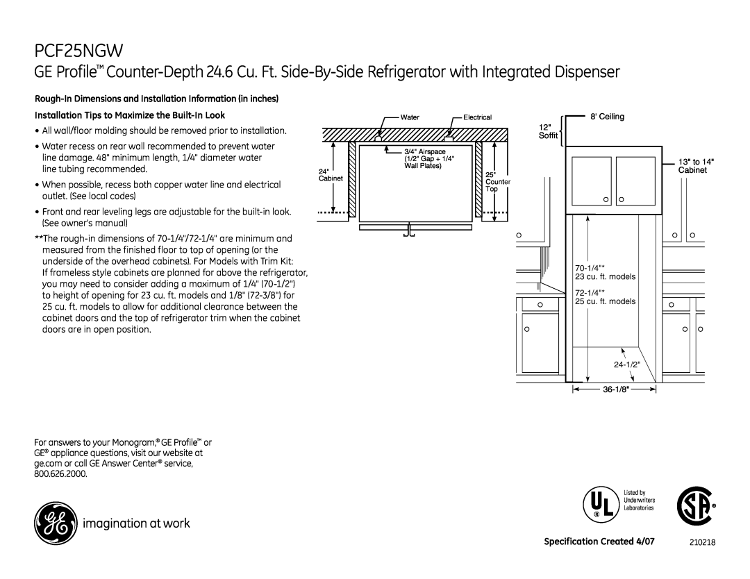 GE dimensions PCF25NGW, Soffit, Cabinet, Water, Electrical, 3/4 Airspace 1/2 Gap + 1/4 Wall Plates, Counter Top 