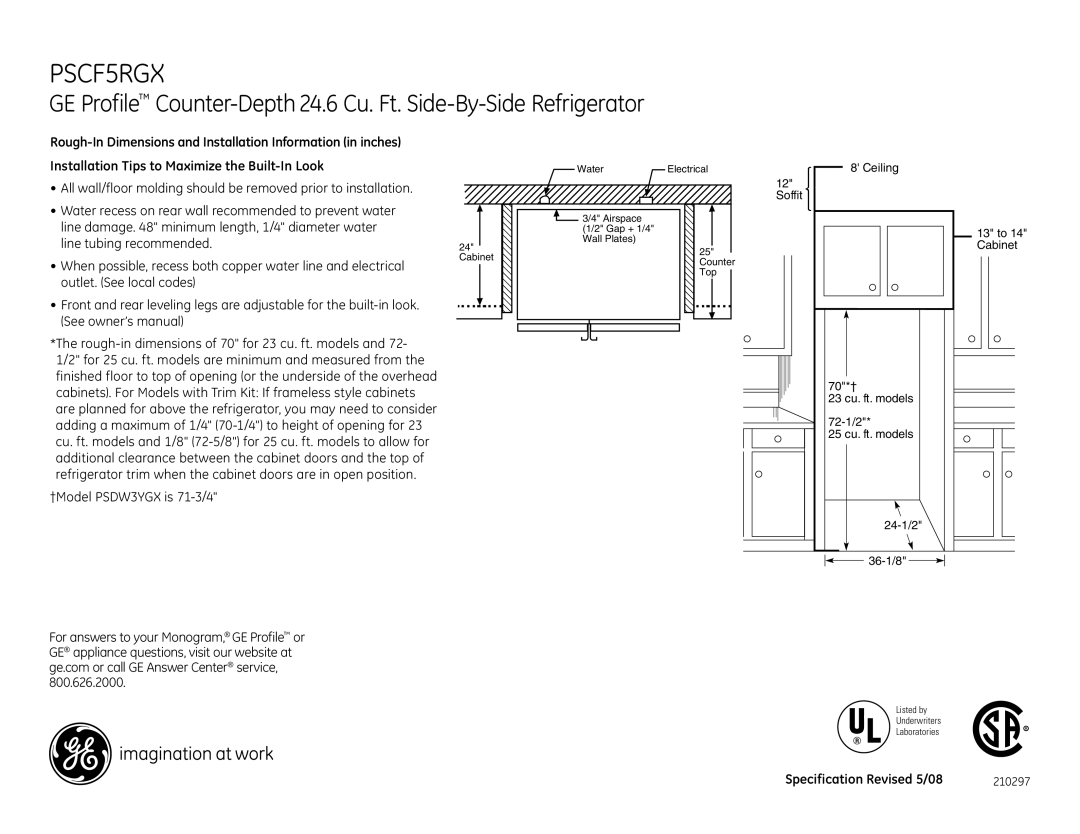 GE PSCF5RGXWW, PCF25PGTBB, PCF25PGTWW, PSCF5RGXCC, PSCF5RGXBB, PSF26PGTBB, PSF26PGTWW dimensions 210297 