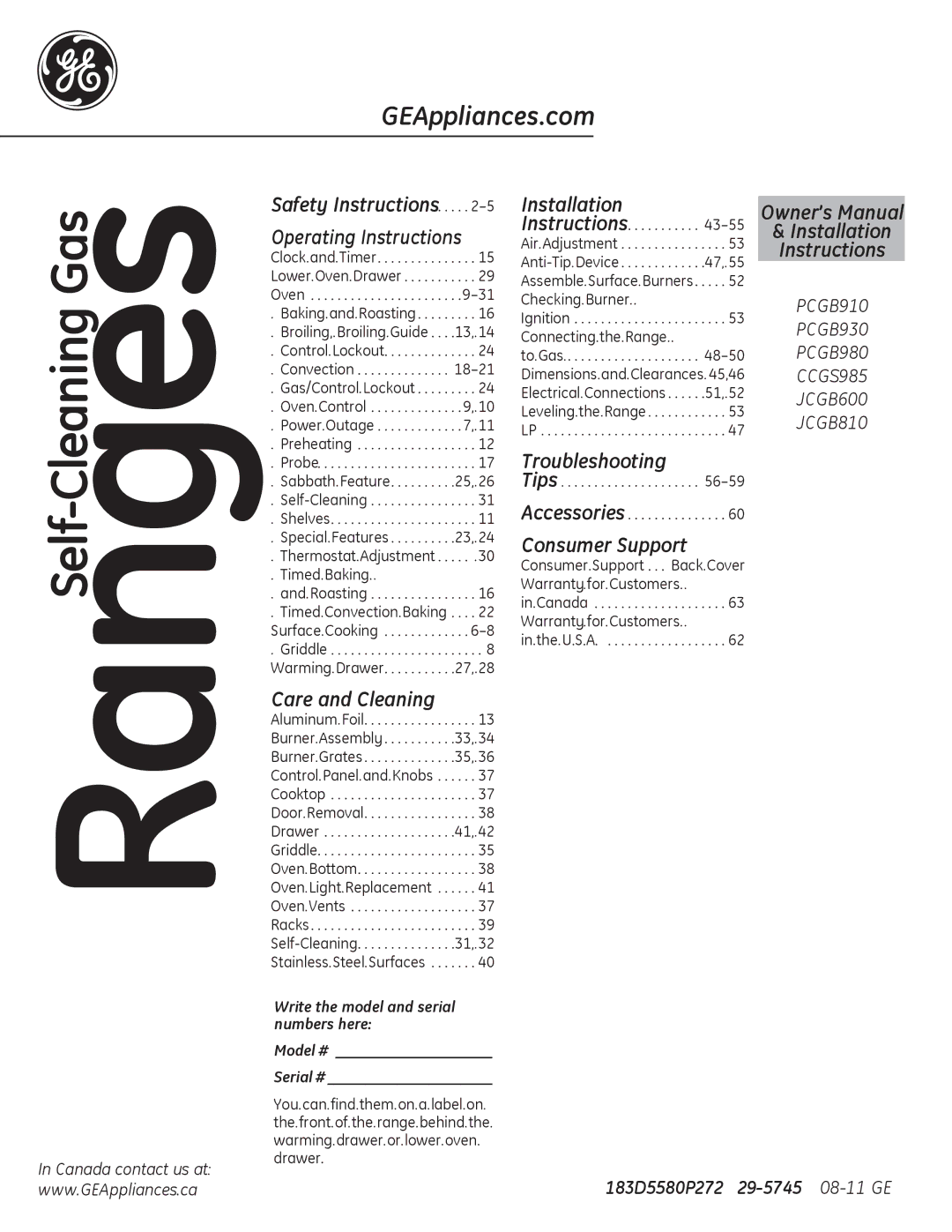 GE PCGB910 manual GEAppliances.com, CCGS985 