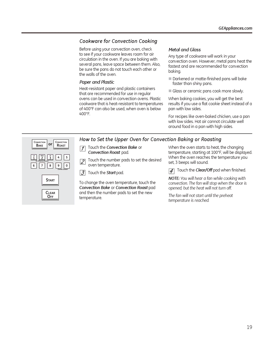 GE PCGB910 manual 3DSHUDQG3ODVWLF, 0HWDODQG*ODVV, RQYHFWLRQ5RDVW SDG, WhpshudwxuhLvUhdfkhg 