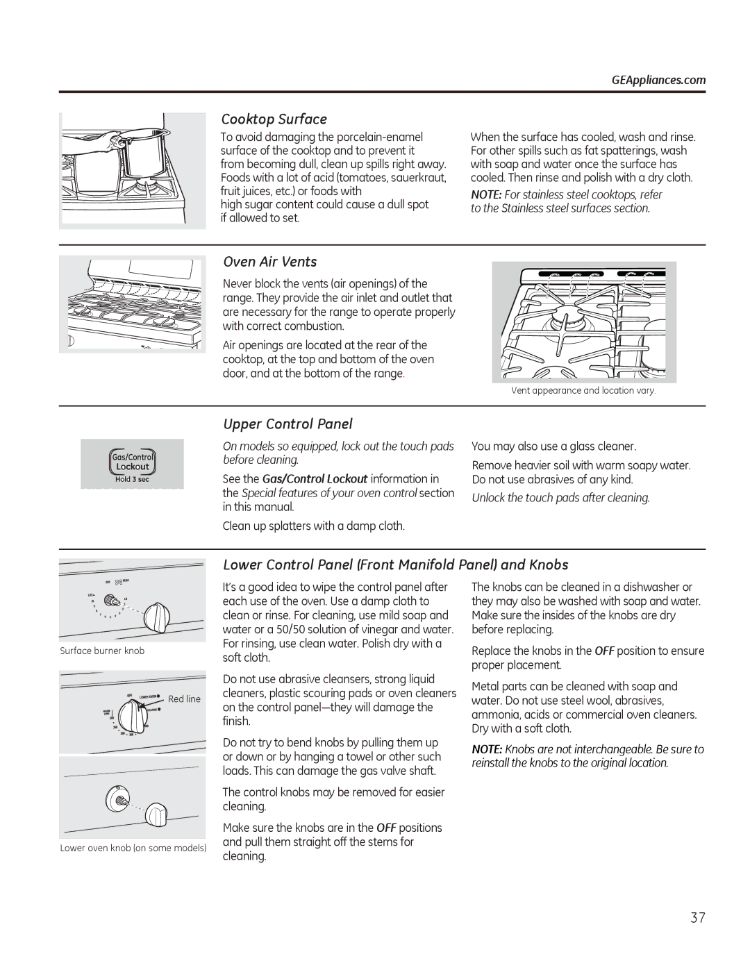 GE PCGB910 manual RRNWRS6XUIDFH, 2YHQ$LU9HQWV, 8SSHU&RQWURO3DQHO, RZHU&RQWURO3DQHOURQW0DQLIROG3DQHODQG.QREV 