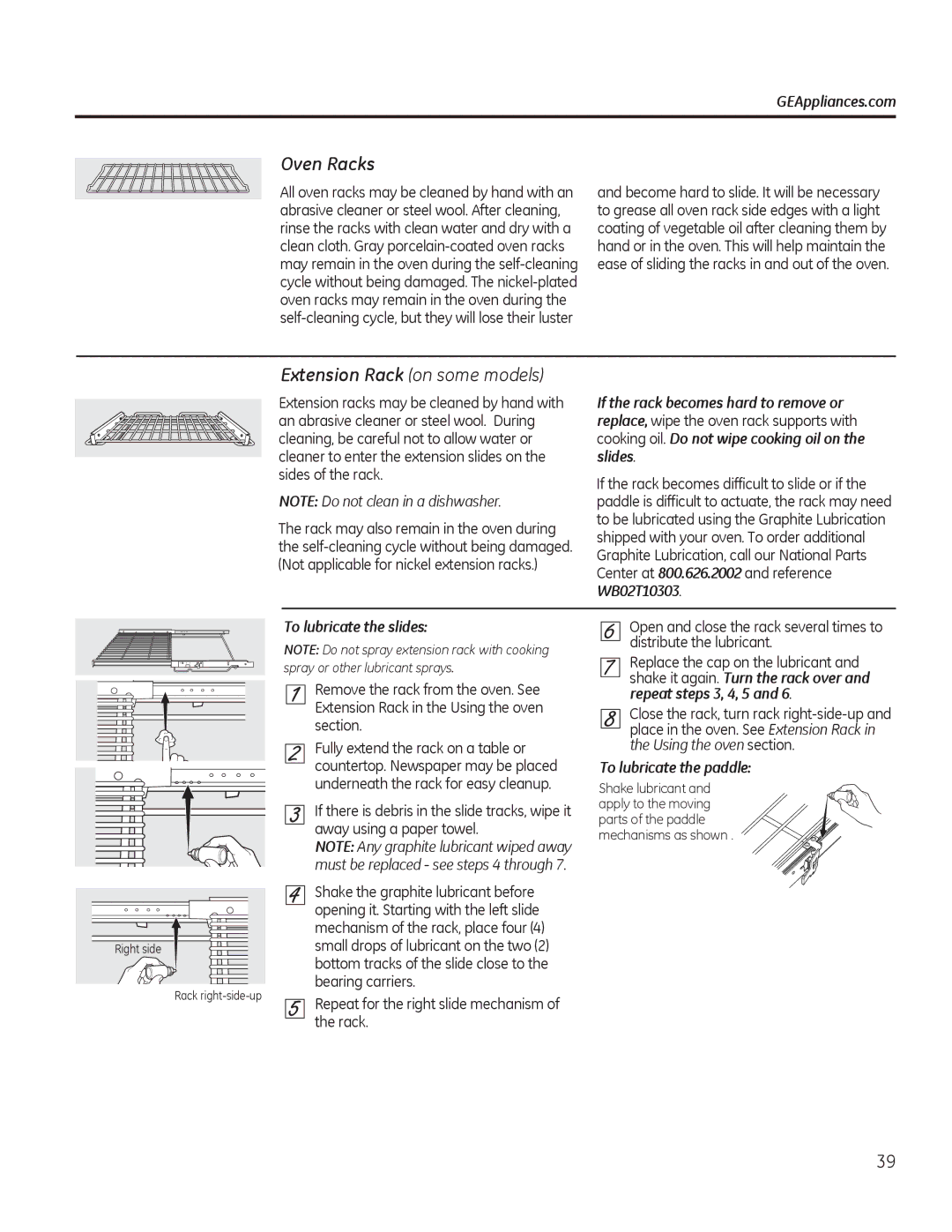 GE PCGB910 manual 2YHQ5DFNV, Volghv, 7ROXEULFDWHWKHVOLGHV, UhshdwVwhsvDqg, 7ROXEULFDWHWKHSDGGOH 