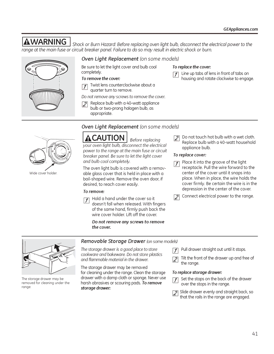 GE PCGB910 manual 2YHQ/LJKW5HSODFHPHQWRQVRPHPRGHOV, 5HPRYDEOH6WRUDJHUDZHURQVRPHPRGHOV 