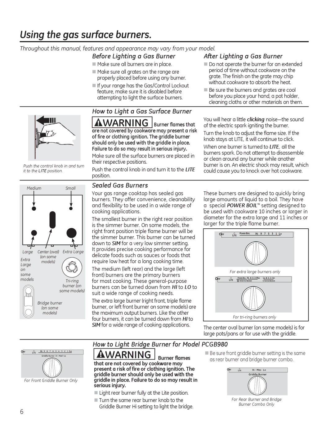 GE PCGB910 manual 8VLQJWKHJDVVXUIDFHEXUQHUV, 6HDOHG*DV%XUQHUV, +RZWR/LJKW%ULGJH%XUQHUIRU0RGHO3&*% 