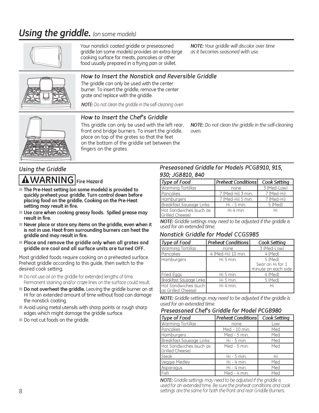 GE PCGB910 manual 8VLQJWKHJULGGOHRQVRPHPRGHOV, +RZWR,QVHUWWKH1RQVWLFNDQG5HYHUVLEOH*ULGGOH, 8VLQJWKH*ULGGOH 