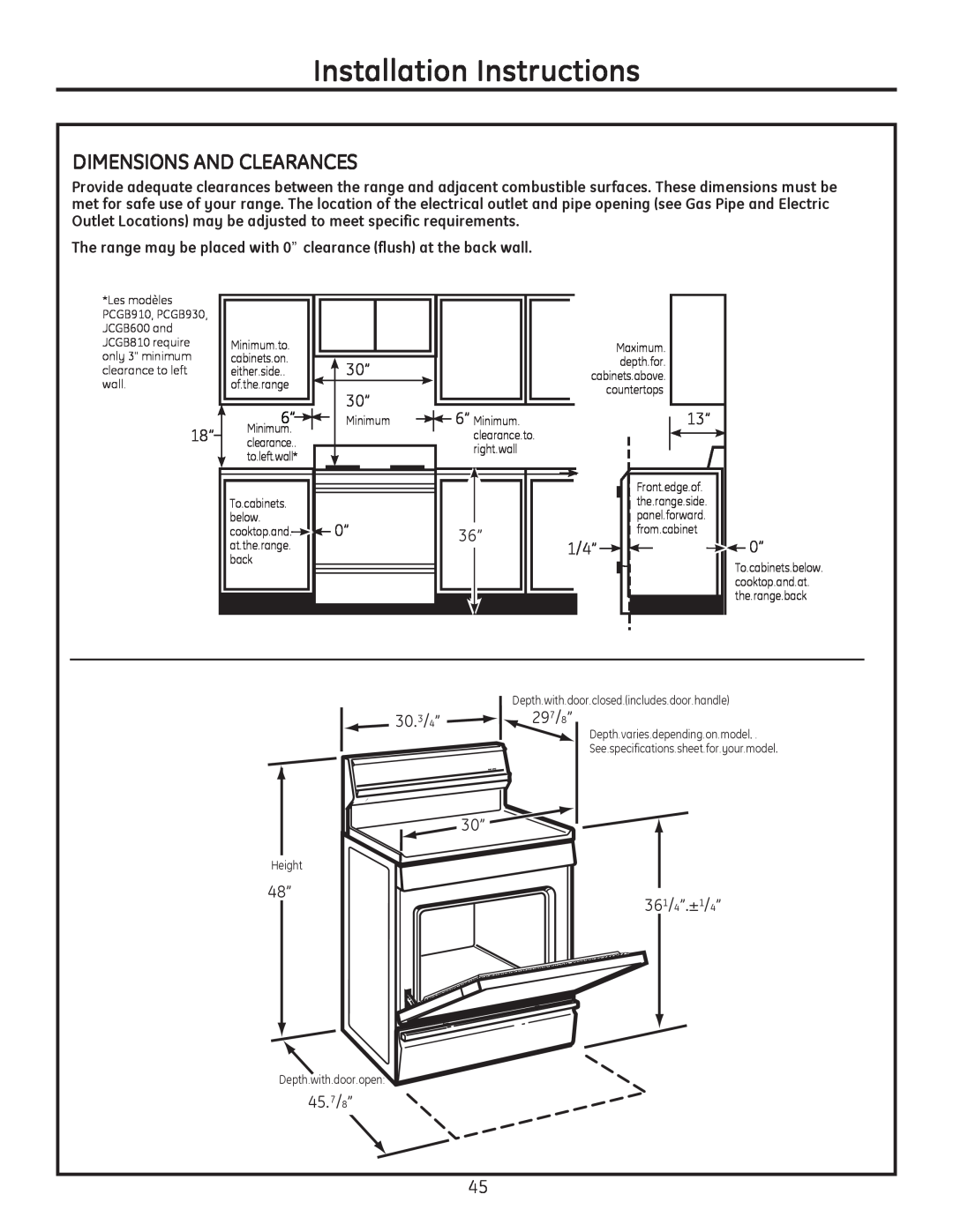 GE PCGB910 manual Installation Instructions, Dimensions And Clearances, 30.3/4” 297/8”, 361/4”.±1/4”, 45.7/8” 