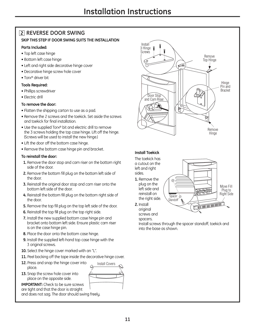 GE PCR06WATSS, PCR06BATSS installation instructions Reverse Door Swing 