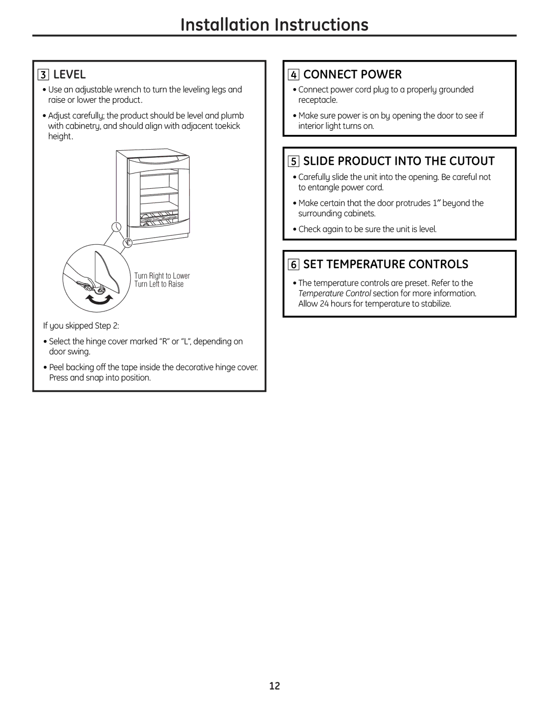 GE PCR06BATSS, PCR06WATSS Level, Connect Power, Slide Product Into the Cutout, SET Temperature Controls 