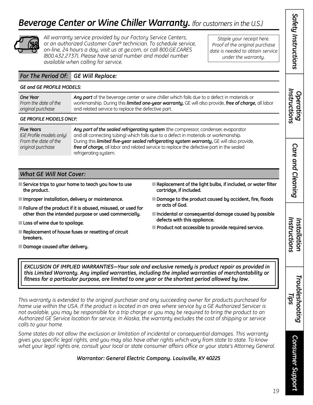 GE PCR06WATSS, PCR06BATSS installation instructions Instructions Installation, Safety Instructions, Care, Cleaning 