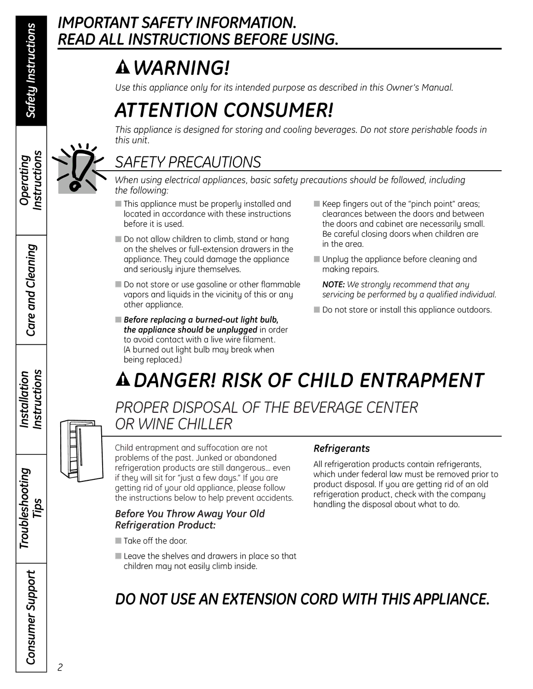 GE PCR06BATSS, PCR06WATSS installation instructions Operating Instructions, Care and Cleaning, Tips Consumer Support 