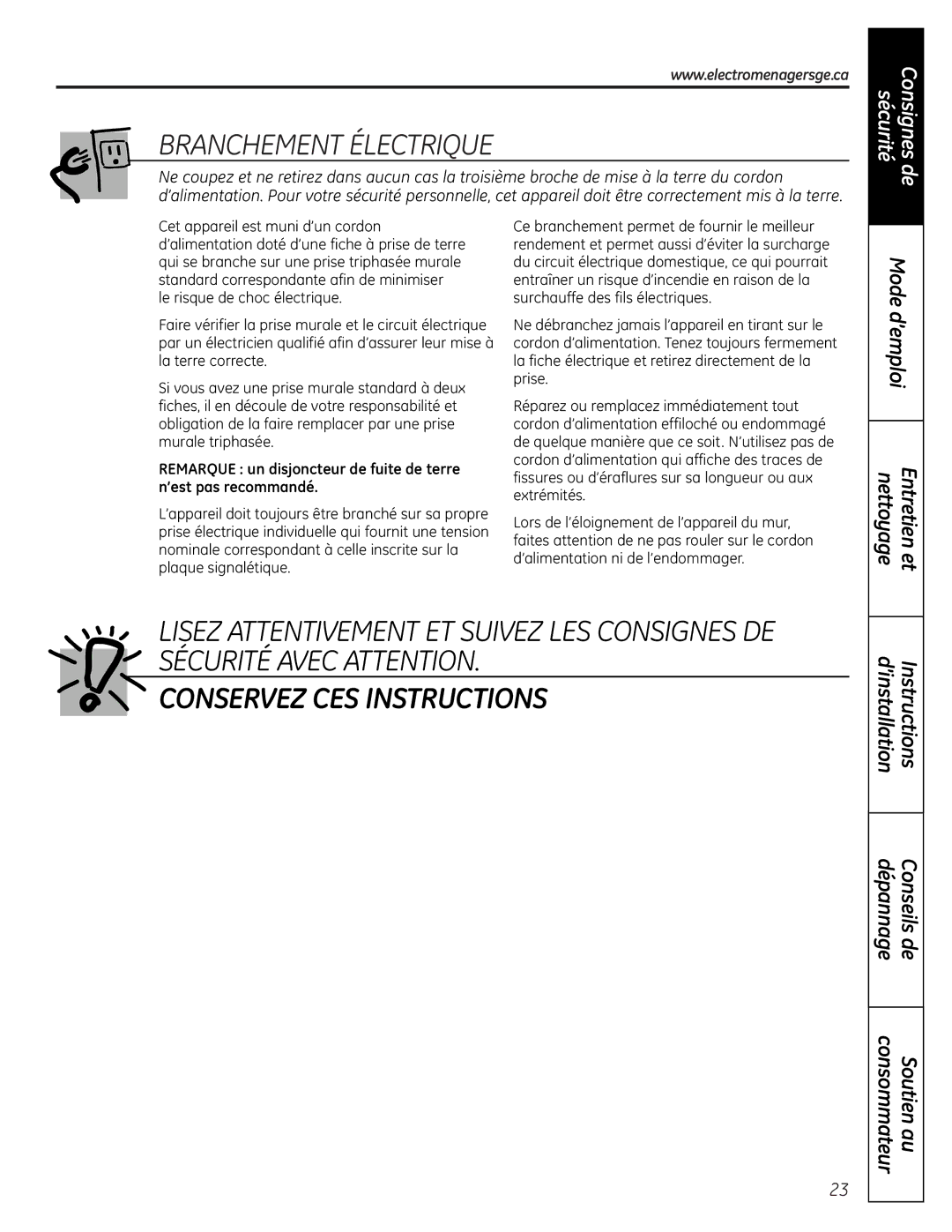 GE PCR06WATSS, PCR06BATSS installation instructions Branchement Électrique, ’installation Instructions Conseils de dépannage 