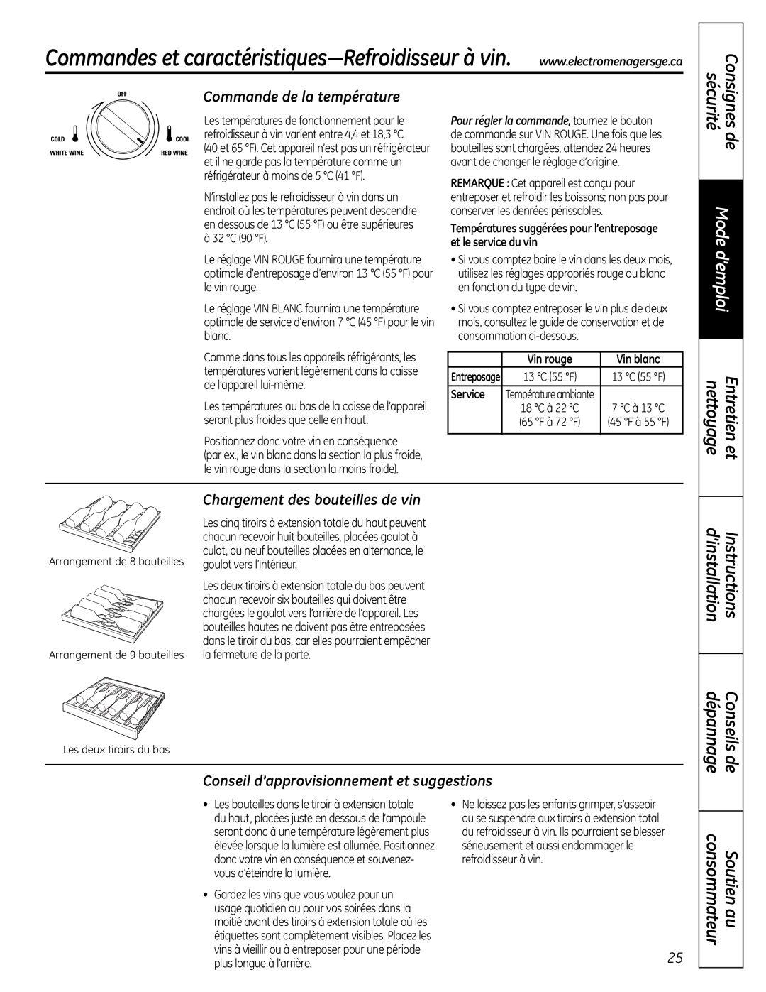 GE PCR06WATSS, PCR06BATSS ’installation Instructions, Chargement des bouteilles de vin, Vin rouge Vin blanc, Service 