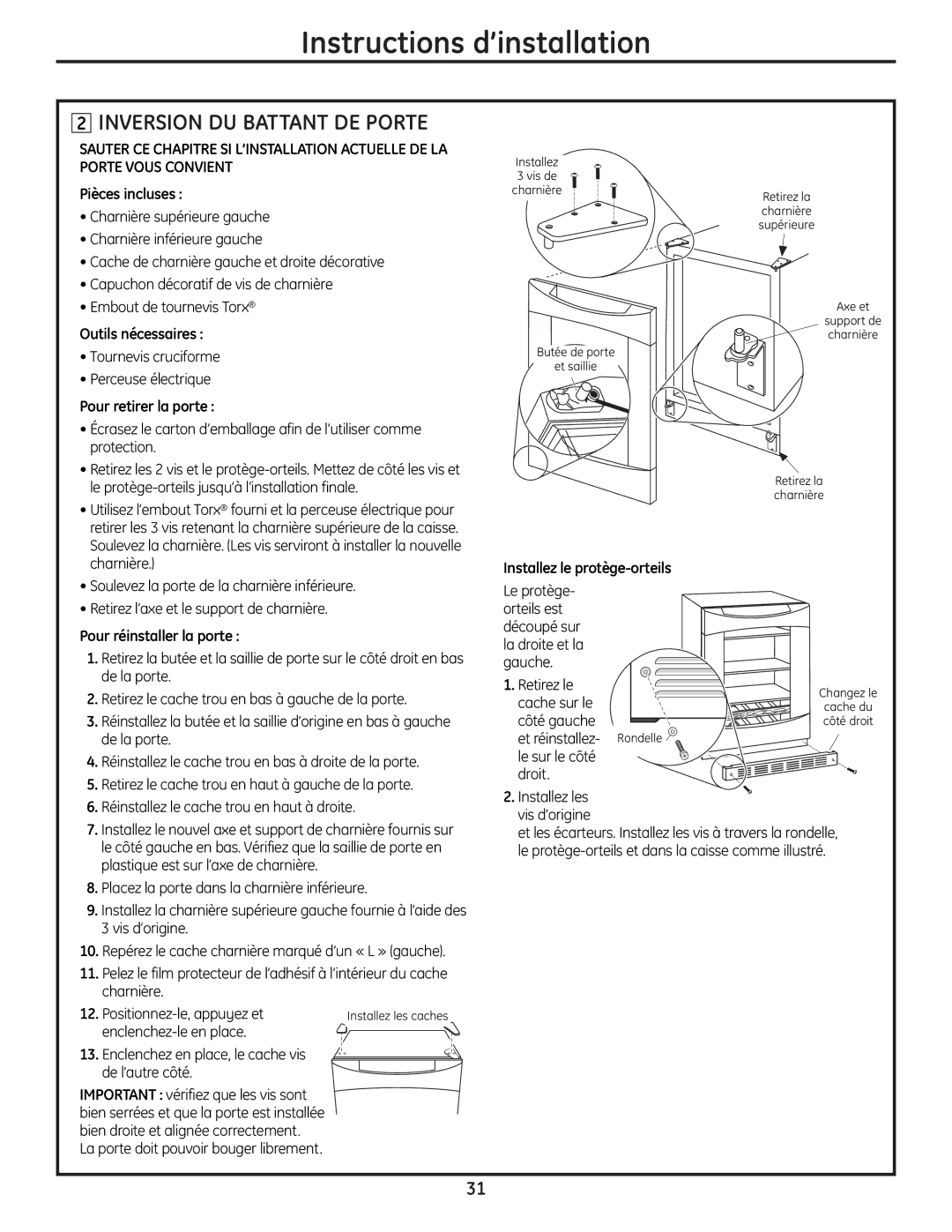 GE PCR06WATSS, PCR06BATSS installation instructions Inversion DU Battant DE Porte 