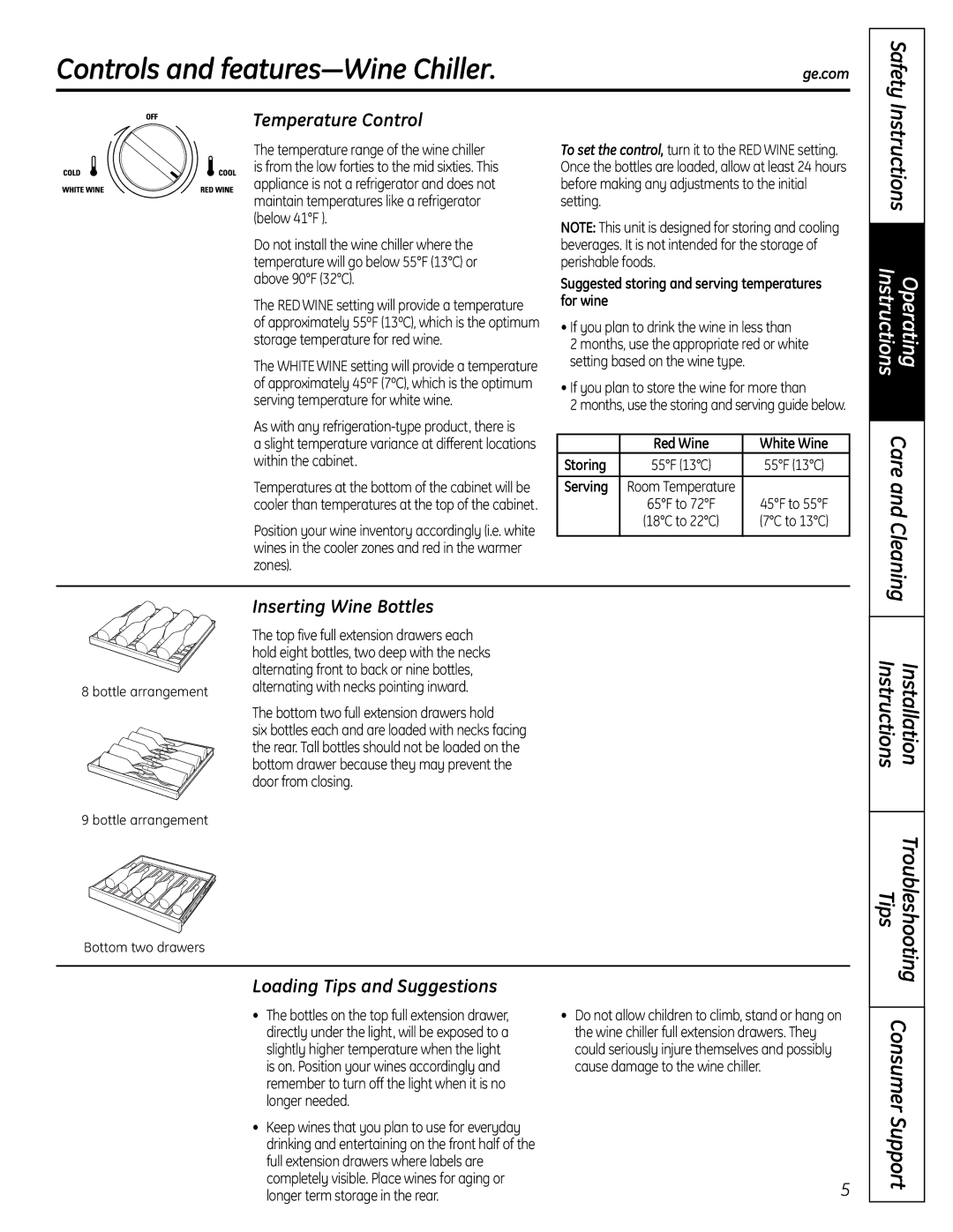 GE PCR06WATSS, PCR06BATSS installation instructions Controls and features-Wine Chiller, Safety, Inserting Wine Bottles 