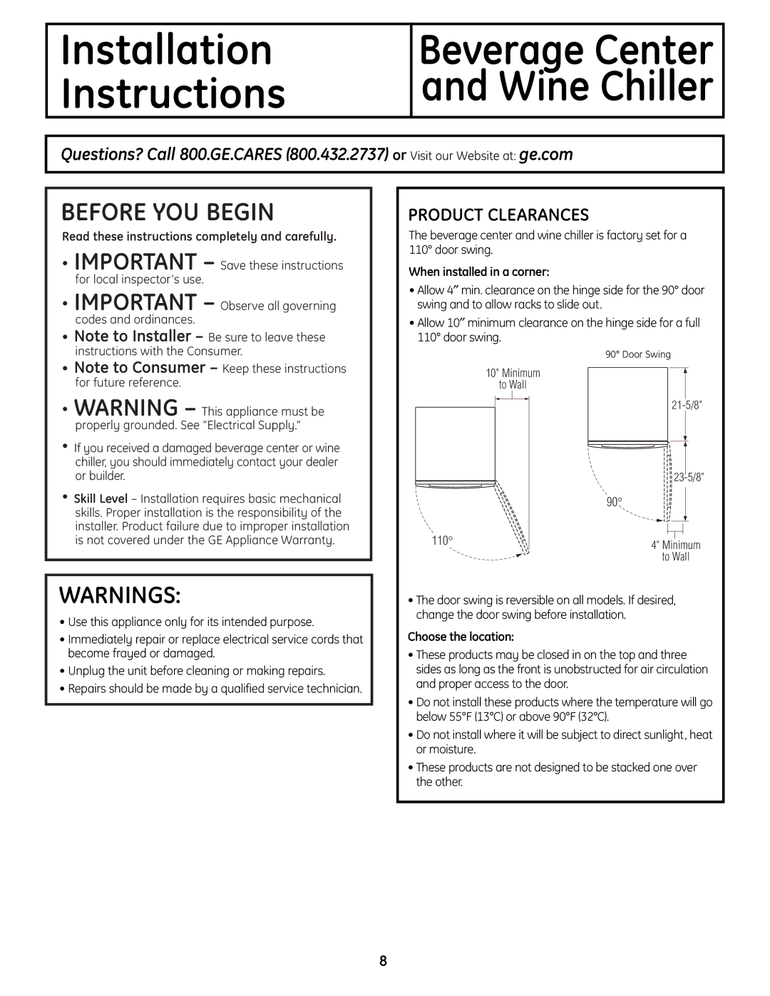 GE PCR06BATSS, PCR06WATSS Product Clearances, Read these instructions completely and carefully, When installed in a corner 