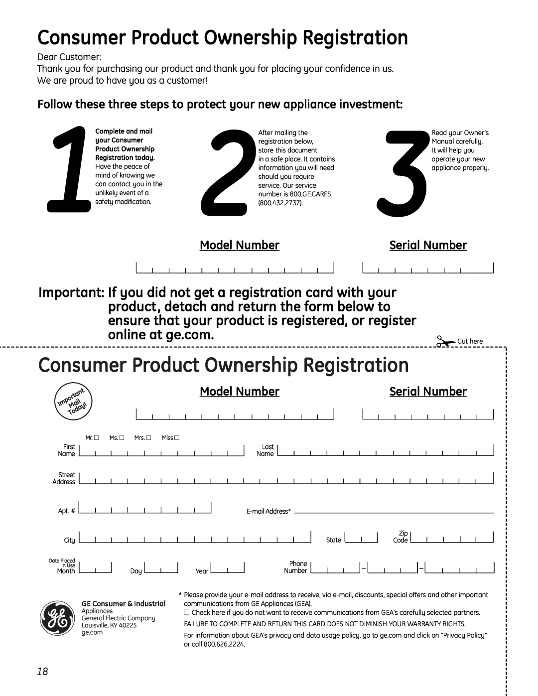 GE PCR06BATSS, PCR06WATSS Follow these three steps to protect your new appliance investment, Model Number, Serial Number 