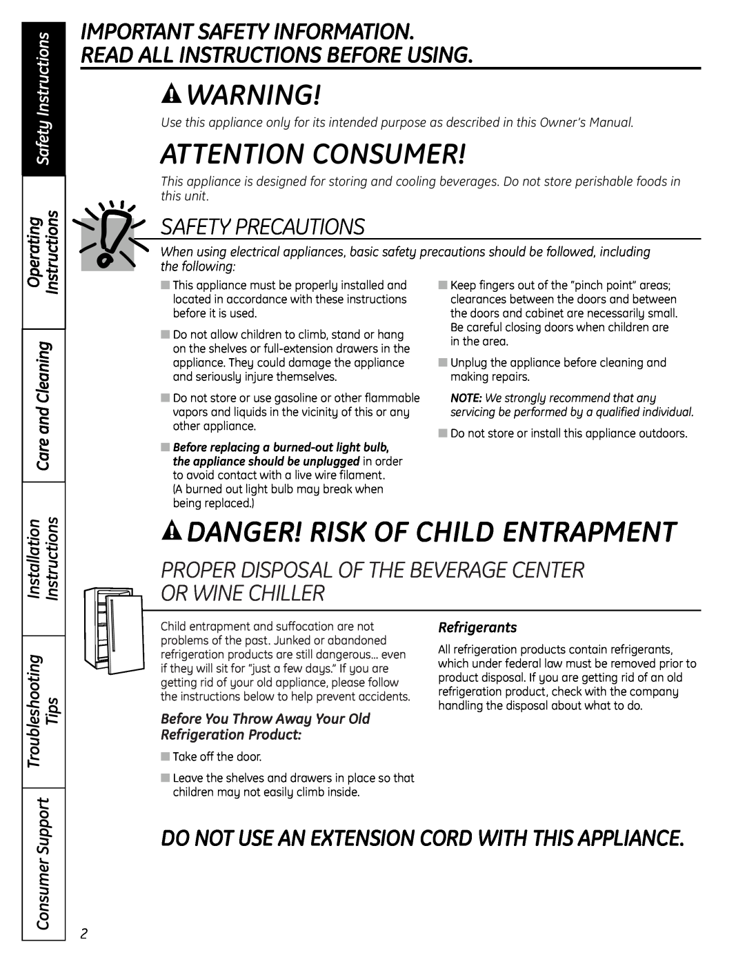 GE PCR06BATSS Attention Consumer, Danger! Risk Of Child Entrapment, Safety Precautions, Safety Instructions, Operating 