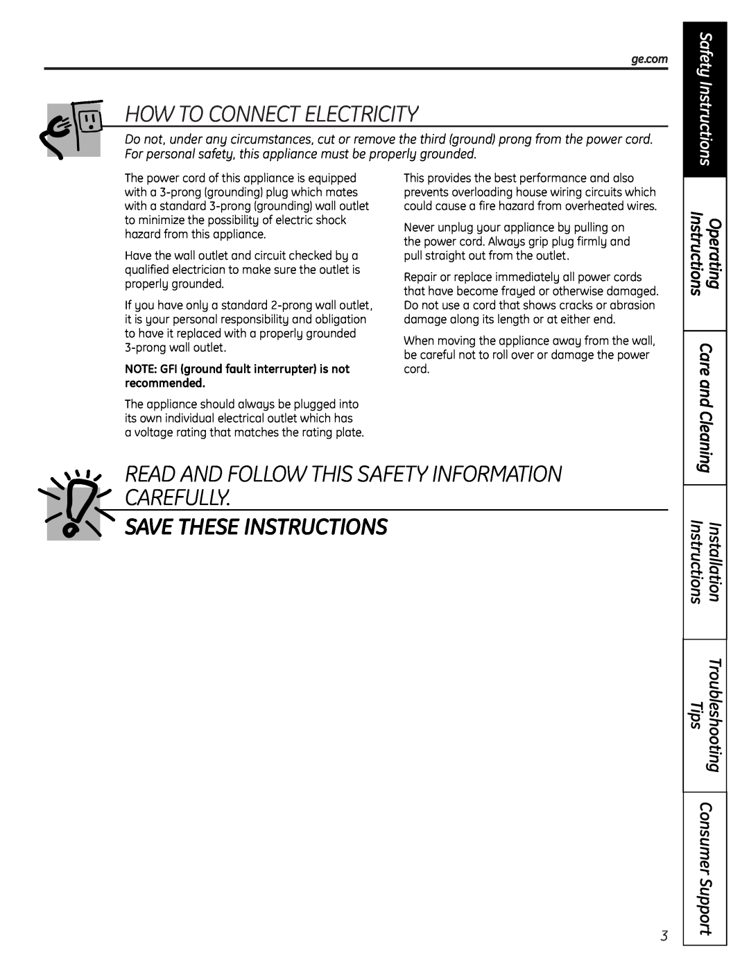 GE PCR06WATSS How To Connect Electricity, Read And Follow This Safety Information Carefully, Save These Instructions 