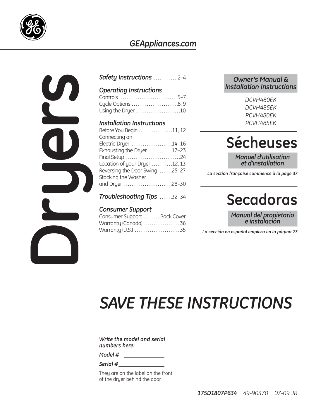GE PCVH480EK, PCVH485EK owner manual Safety Instructions, Consumer Support . . . . . . . Back Cover, Warranty Canada 