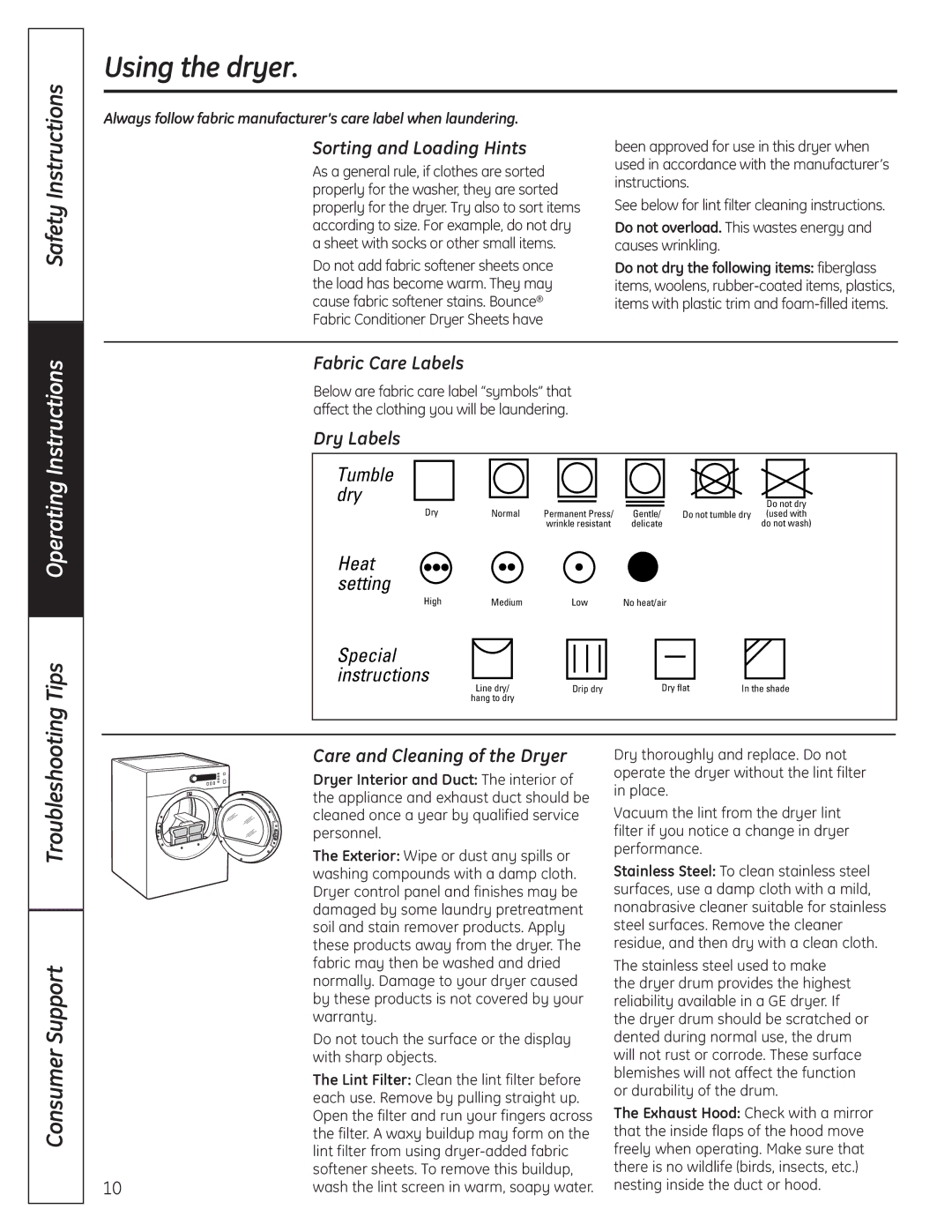 GE PCVH485EK Using the dryer, Sorting and Loading Hints, Fabric Care Labels, Dry Labels, Care and Cleaning of the Dryer 