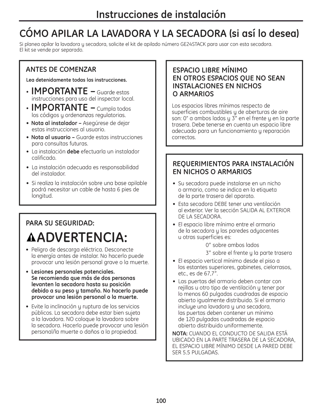 GE PCVH485EK, PCVH480EK owner manual Espacio Libre Mínimo, Armarios, EN Otros Espacios QUE no Sean Instalaciones EN Nichos 