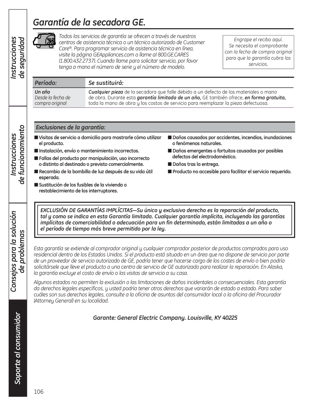 GE PCVH485EK, PCVH480EK owner manual Garantía de la secadora GE, Período Se sustituirá, Exclusiones de la garantía 