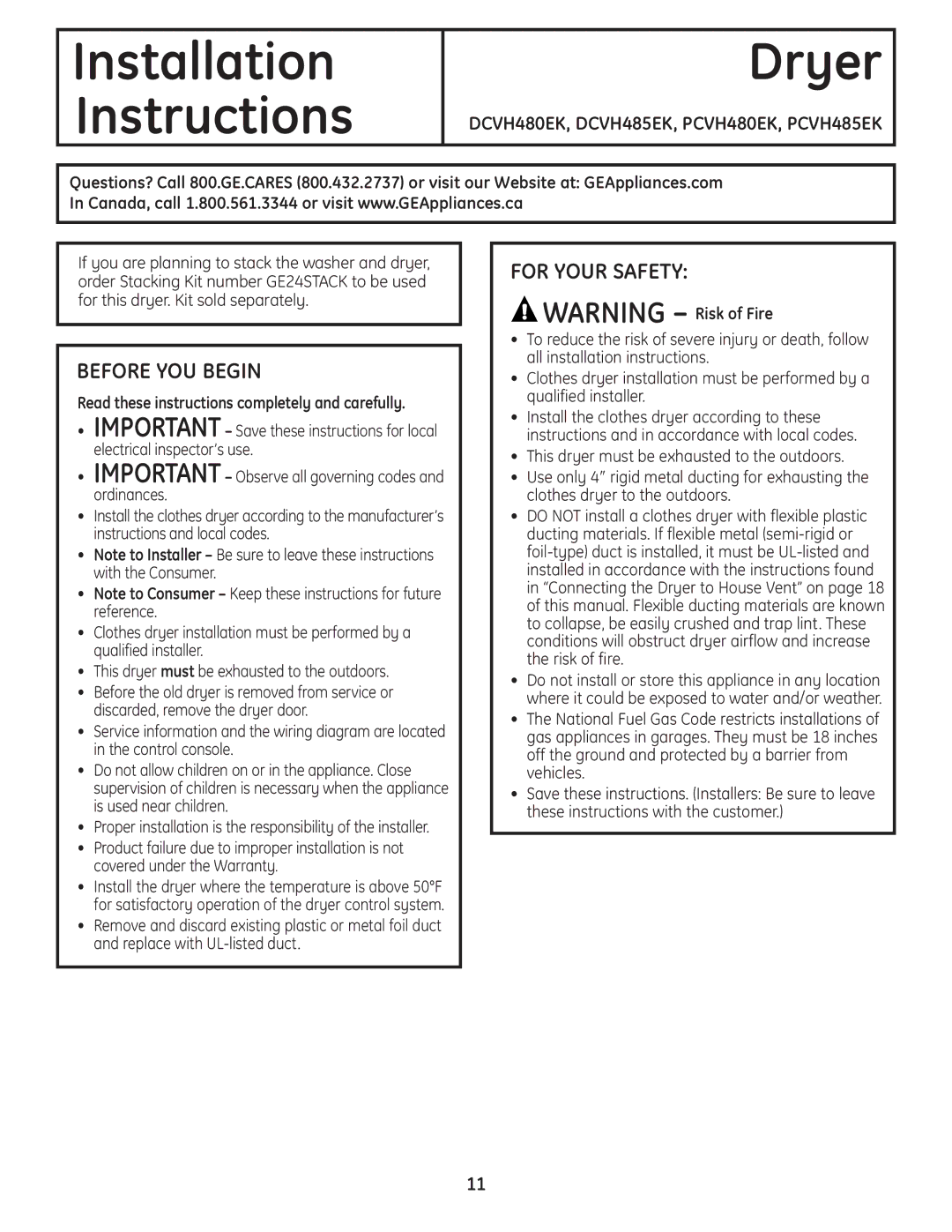 GE owner manual Before YOU Begin, For Your Safety, DCVH480EK, DCVH485EK, PCVH480EK, PCVH485EK 